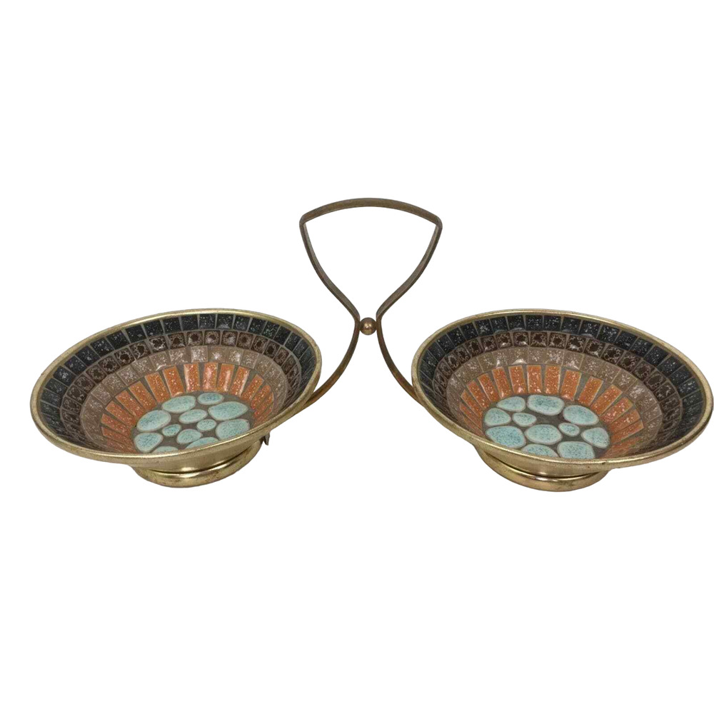 Mosaic Tile Double Bowl Dish Stand Gold Metal Backing Styson Art Products Japan